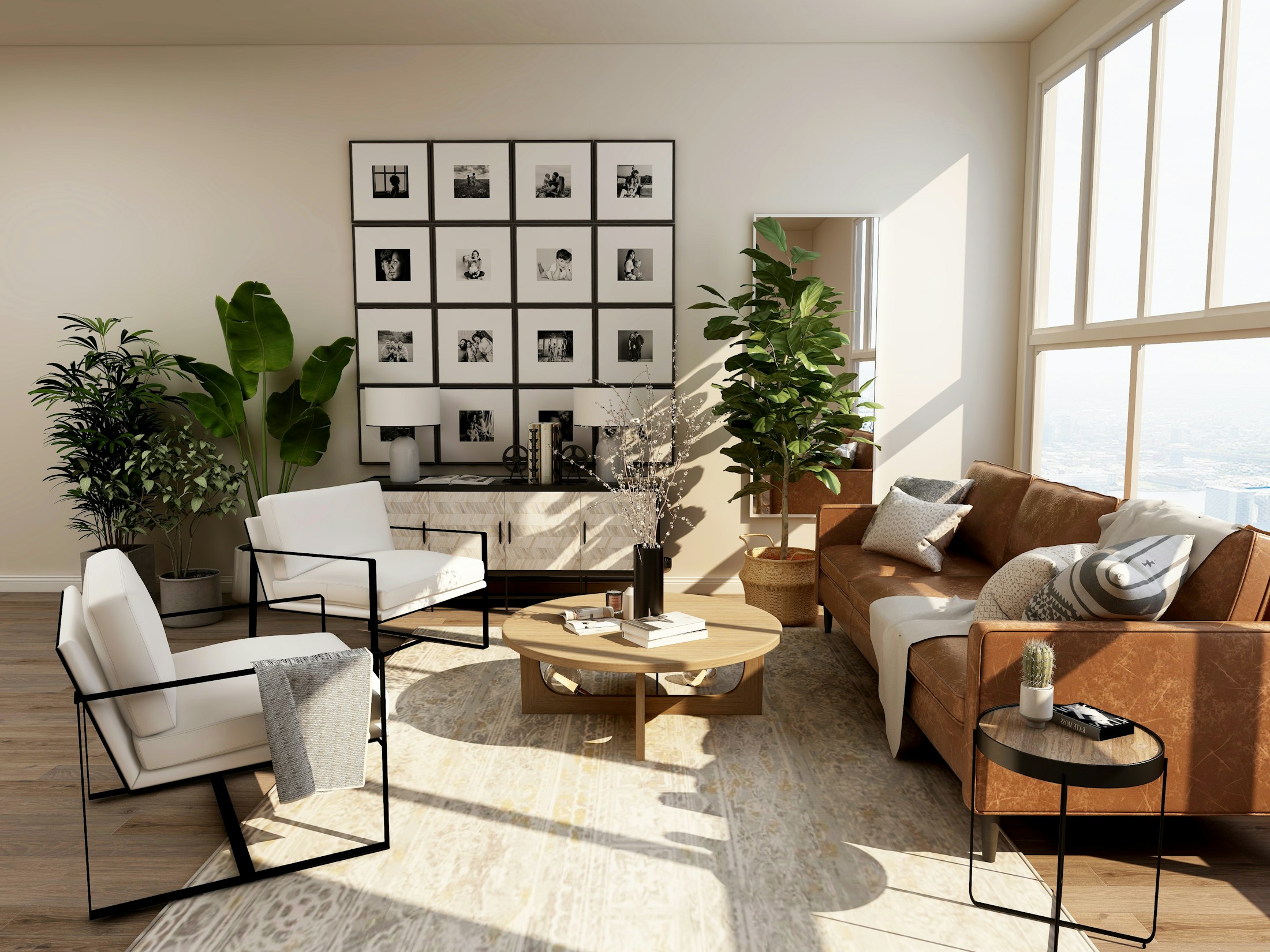 A calm, light-filled living room with natural materials and soft lighting