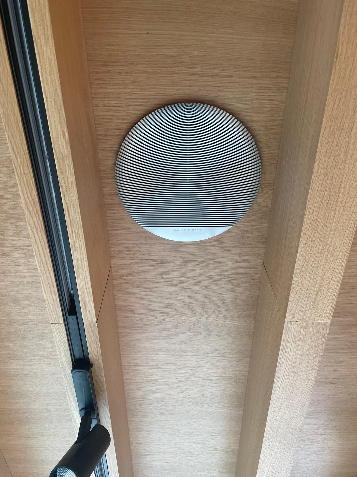 Bang & Olufsen speaker integrated into a timber ceiling